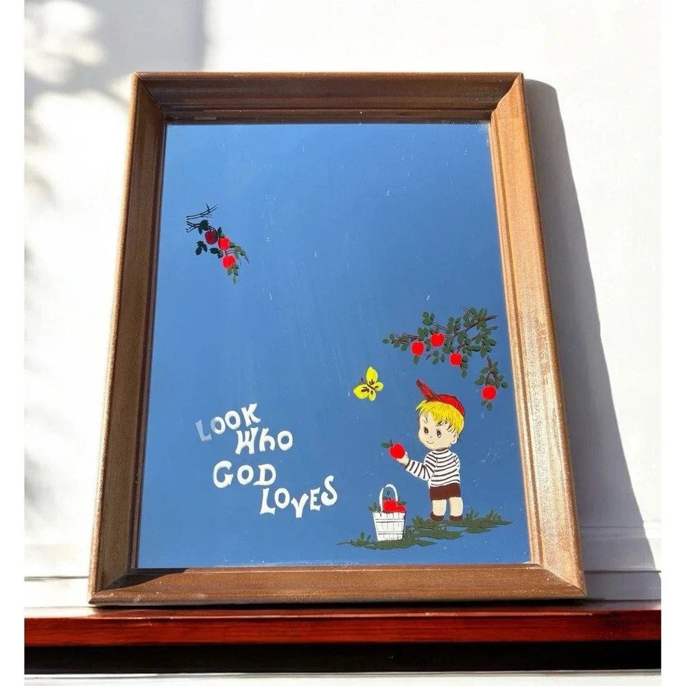 Vintage Boy Wood Frame Mirror Wall Plaque Look Who God Loves Dickson 13x10
